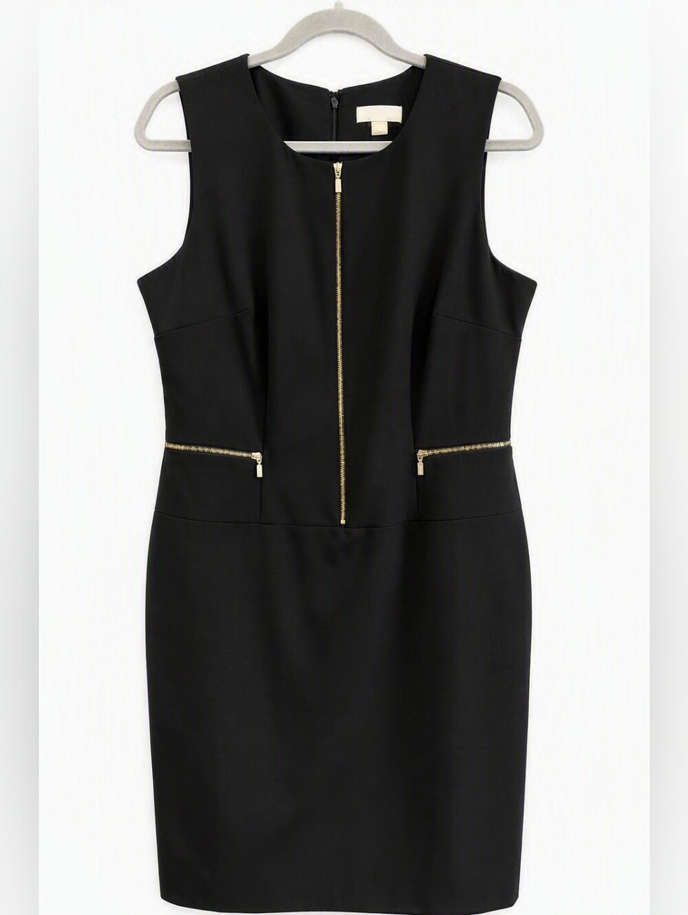 Calvin Klein Black Sleeveless Sheath Dress with Gold Zipper Accents